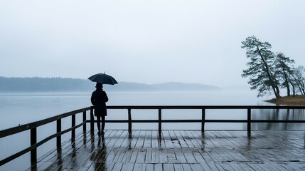 A solitary figure watches the rain fall on a placid lake.