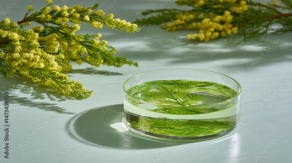 Aufkleber Leaf suspended in translucent liquid fills a petri dish, surrounded by fresh sprigs and dew on a light green table, creating a serene and harmonious composition