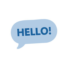 Light blue speech bubble with the word HELLO! in dark blue
