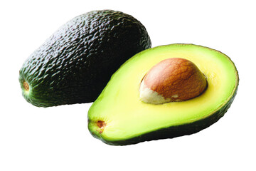 Close up view of one whole and one halved avocado on a dark surface area on transparent background png