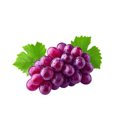 Freshly harvested bunch of red grapes with water droplets and vibrant green leaves isolated on a sleek black background