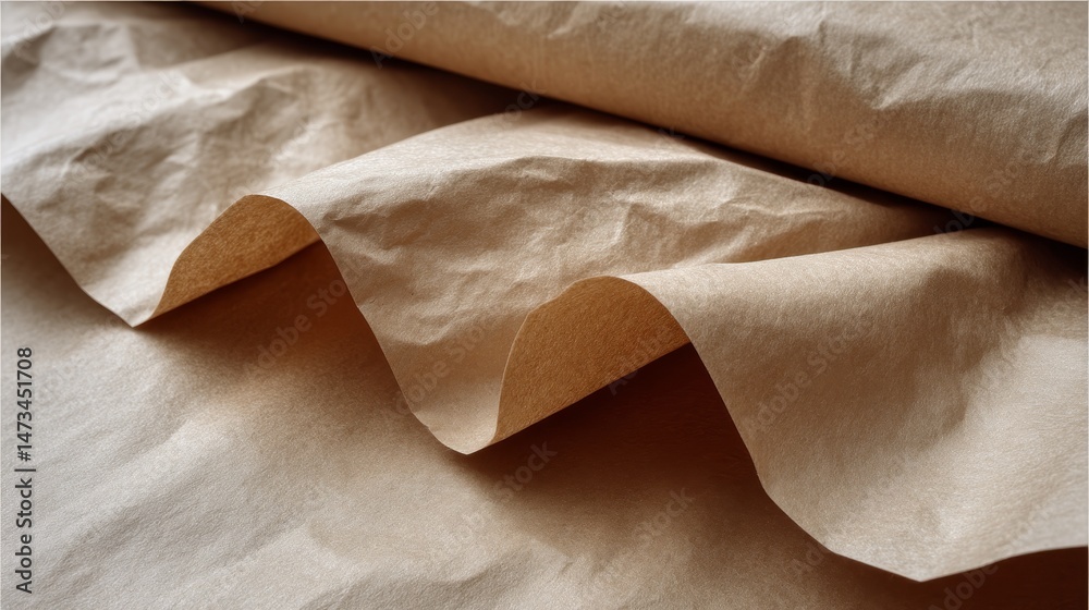 Fototapete close-up of a single sheet of wrinkled brown kraft paper showcasing its rough texture and curled edg