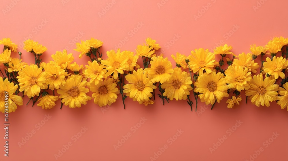 Aufkleber vibrant yellow daisies are arranged in a neat row on a pastel coral surface, capturing the essence o