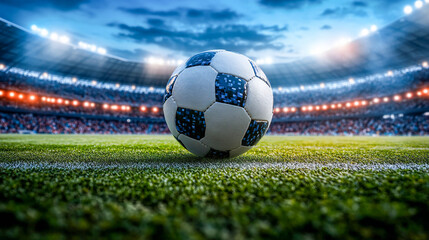 Fototapeta premium Soccer ball is suspended in the air above a crowded stadium, illuminated by dramatic lighting