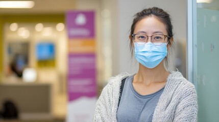 Woman With Face Mask Standing in a Clinic, Ready for Consultation and Health Care