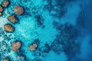Obraz premium Aerial view of vibrant coral reefs in crystal clear blue waters of tropical paradise, Aerial view of coral reef in clear blue water