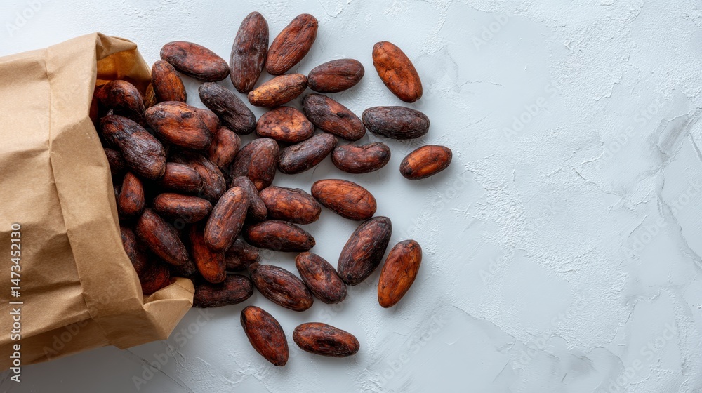 Aufkleber Cocoa beans are spilling out of a brown paper bag, creating a rustic display on a sleek white countertop with plenty of empty space to the right