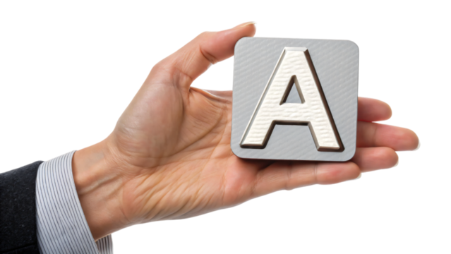 hand holding a "A" word icon isolated