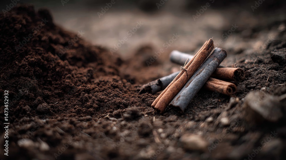 Poster several cinnamon sticks are arranged beautifully among a bed of ground cinnamon, illuminated by soft