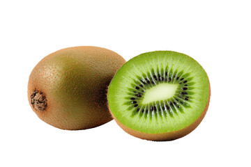 Close up view of sliced kiwi fruit with seeds on a completely dark setting on transparent background png