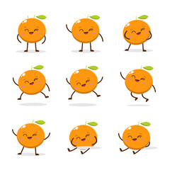 Cute Smiling Orange Character. Kawaii Orange Fruit Mascot Style Vector. Cute vector character set in various action emotions. Collection symbols isolated on a white background