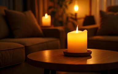 Warm-Lit Candle Lamp on Table in Cozy Room Setting. High quality