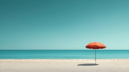A vibrant orange umbrella stands alone on a serene beach under a clear turquoise sky.