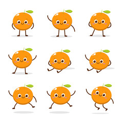 Cute Smiling Orange Character. Kawaii Orange Fruit Mascot Style Vector. Cute vector character set in various action emotions. Collection symbols isolated on a white background