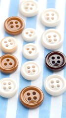 A collection of assorted buttons in various shades of brown and white, arranged on a blue and white striped fabric