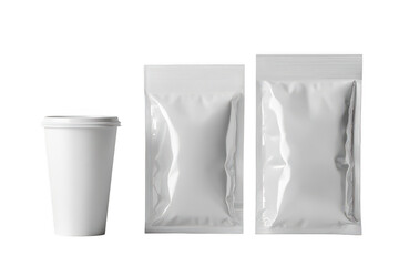 Isolated white container and packets displayed on a dark plain surface view on transparent background png