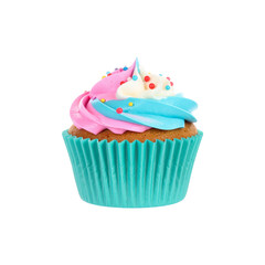 Delicious decorated cupcake with swirled pink blue and white frosting and colorful sprinkles on a black background dessert photography concept
