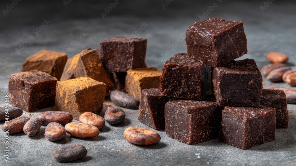 Poster Thick dark chocolate blocks are arranged in a close-up view with cocoa beans scattered around, emphasizing a rustic surface and rich textures