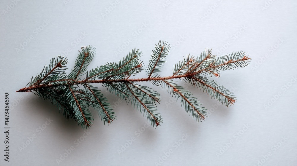 Poster a close-up captures a single spruce twig with needle clusters arranged horizontally, emphasizing its