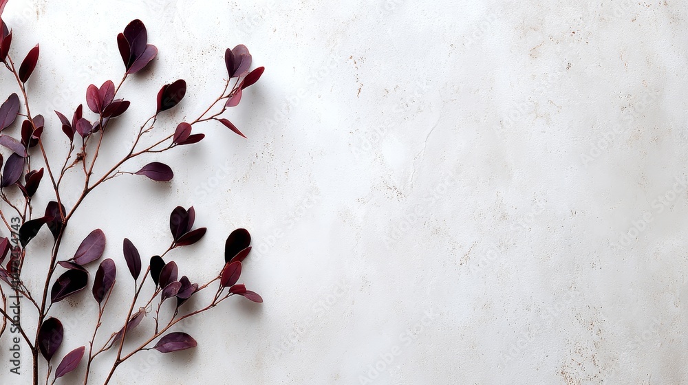 Aufkleber thin natural branches with small leaves are loosely arranged on a clean white surface, highlighted b