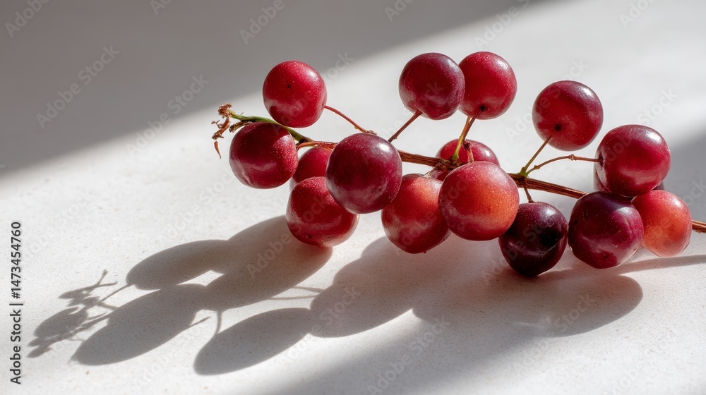 Leinwandbilder Thin branch adorned with deep red berries rests on a white surface, with natural light highlighting the soft shadows and creating a visually appealing composition
