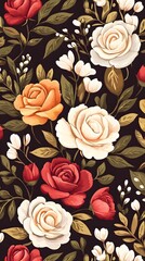 A seamless pattern of red, white, and orange roses with green leaves on a dark background