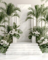 A white marble staircase with steps leading to a platform in a tropical setting