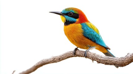 Obraz premium Vibrant multicolored bird perched on a branch against a white background.