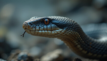 Obraz premium Detailed Snake Portrait Showing Tongue Flick with Brown Eyes in Nature