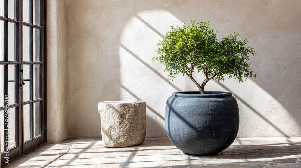Aufkleber bright sunlight streams through a large window, illuminating a stone table and a potted plant, creat