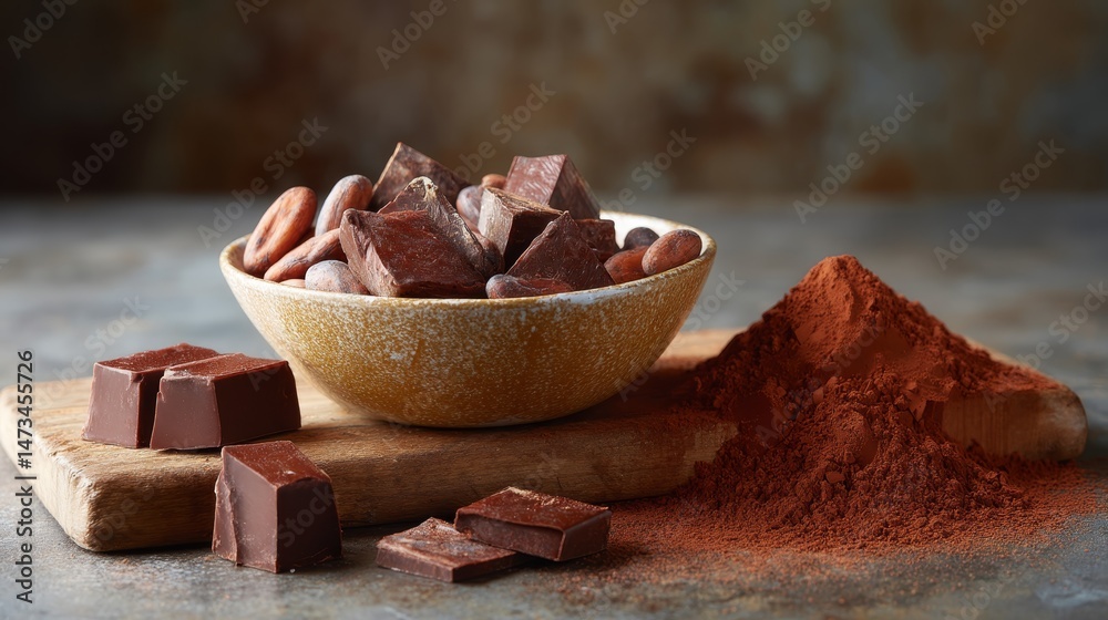 Poster a rustic bowl filled with cocoa beans sits on a wooden table, accompanied by crumbled dark chocolate