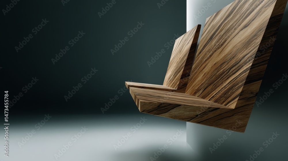Fototapete A sculpted bench features striking angular lines and rich grain patterns, elegantly floating against a dark backdrop with soft illumination from above