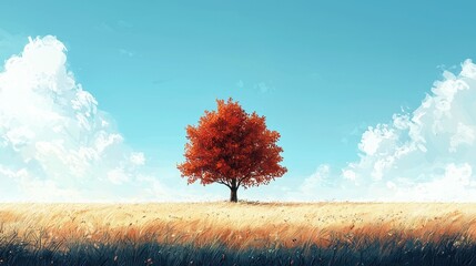 A vibrant red tree stands alone in a golden field under a bright blue sky.