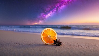 Orange and Star Anise on Beach under Night Sky