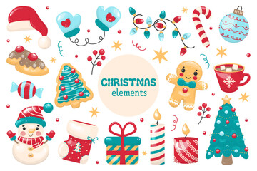 Vector set with Christmas elements. 16 elements. Christmas theme. For flyer, sticker, card, logo, symbol.