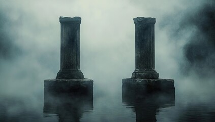 Ruined pillars in a misty, watery landscape