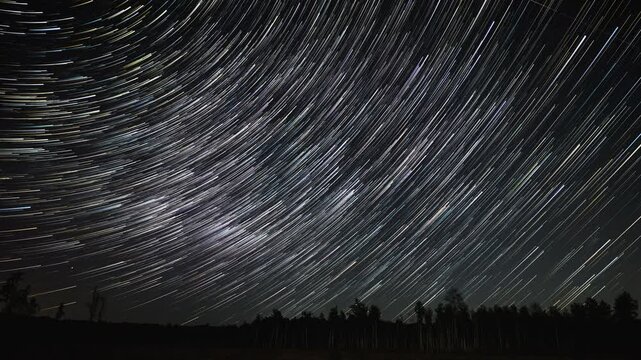 Time lapse of Star Trails over Forest at Night, Long exposure image of star trails spinning across the night sky above a forest silhouette.