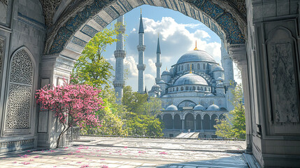 The Blue Mosque in Istanbul, Turkey. (Sultanahmet Camii). The Mosque is decorated with MAHYA specially for Ramadan. Writes to the mahya: "The Sultan Of 11 Months, Welcome