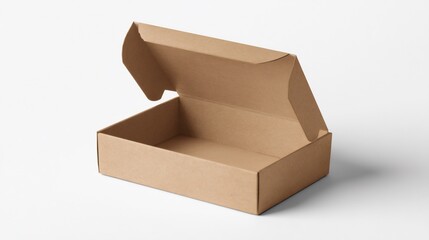 Slightly open rectangular corrugated cardboard box on a plain background