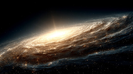 Golden spiral galaxy glowing in dark space, radiating cosmic energy and timeless beauty. Symbolizes the mystery, grandeur, and infinite nature of the universe in a captivating celestial display.

