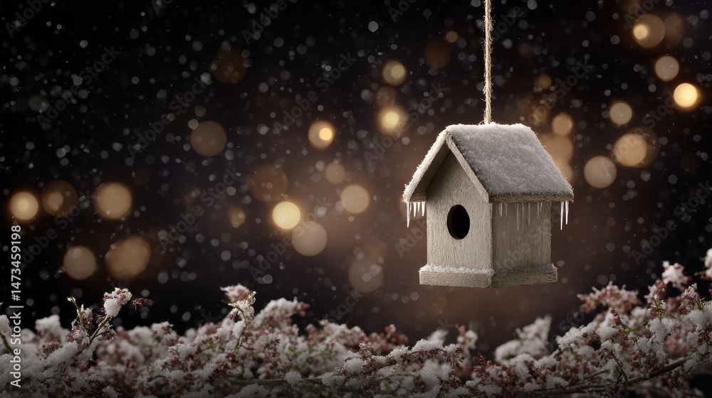 Poster close-up of a rustic birdhouse featuring icicles and snow, nestled on a frosty branch with scattered