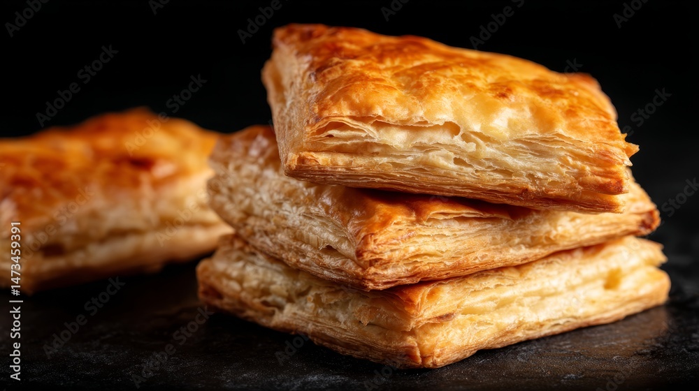 Poster three perfectly stacked golden puff pastries showcase cracked flaky layers and smooth filling, set a