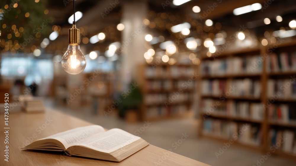 Poster A softly glowing vintage bulb floats above an open hardback book resting on a wooden table in a cozy library setting, creating an inviting atmosphere