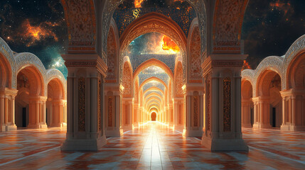 Obraz premium The majesty of a mosque in a panoramic view with a galaxy-themed background. The mosque is adorned with warm tones of oranges, yellows, and gold