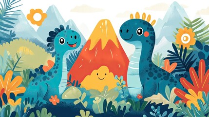 Two cartoon dinosaurs in a jungle landscape with a volcano and mountains in the background scene