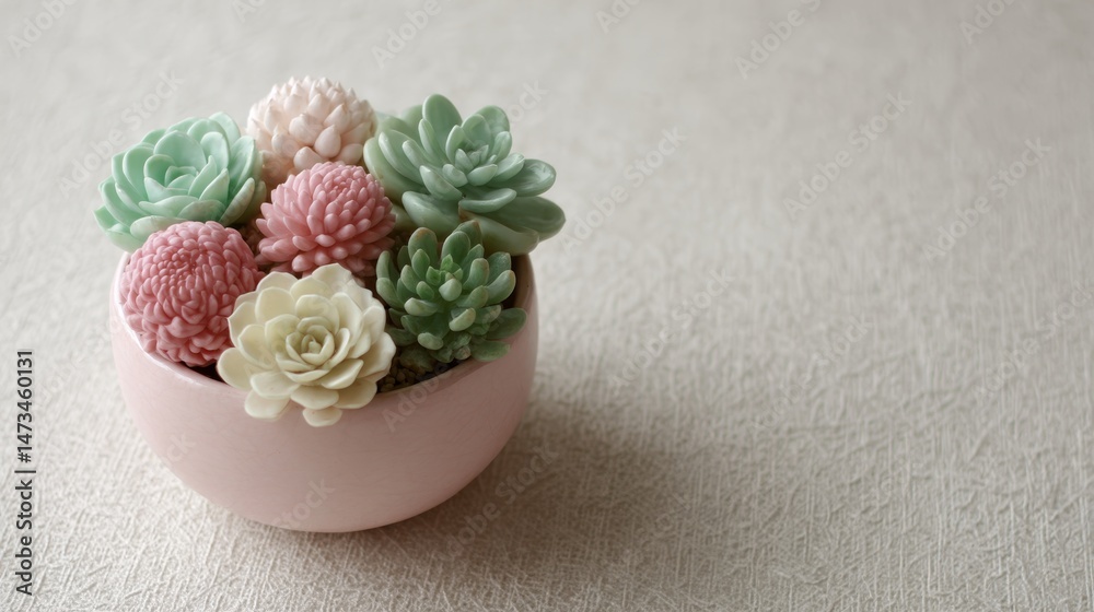 Poster delicate pastel-hued succulents in shades of pink and mint are artistically arranged in a small pot,