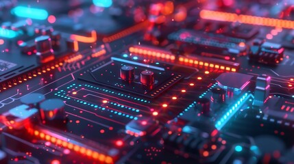 Obraz premium Futuristic Circuit Board Technology Closeup Red Blue Lights