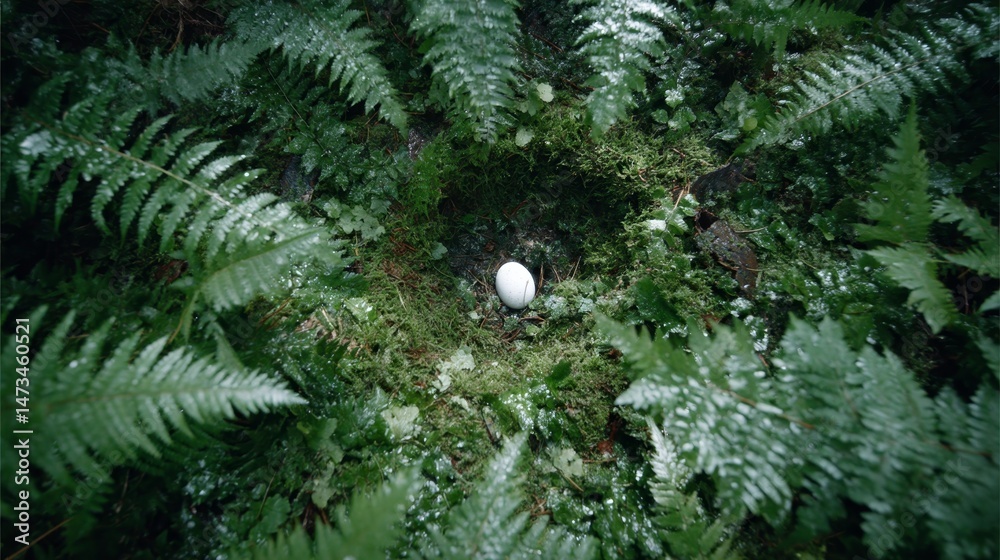 Aufkleber a luminous egg-shaped object rests in moss, surrounded by dew-covered ferns, illuminated by dappled 