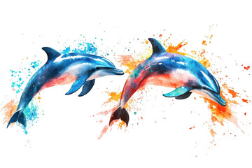 Watercolor illustration of two dolphins with vibrant splashes of color on transparent background png