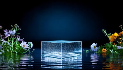 cube glass podium surrounded by flowers